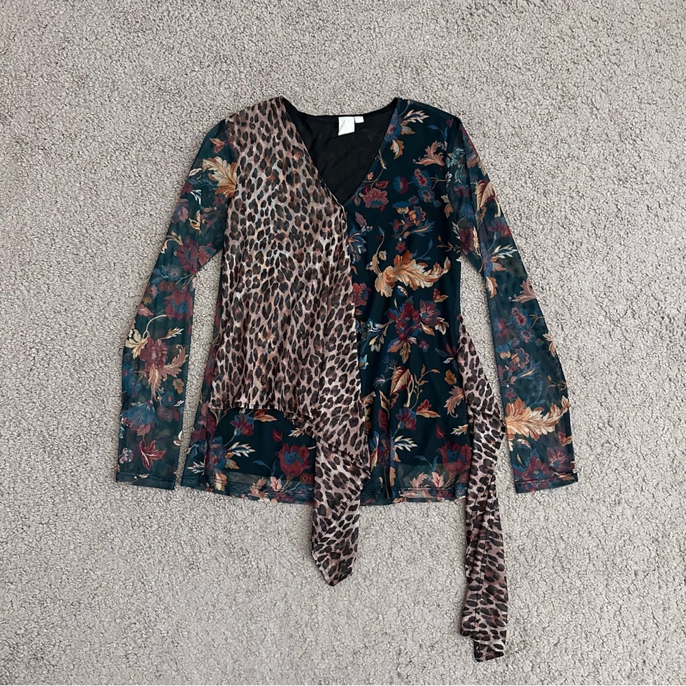 Ady P Leopard Floral Mesh Asymmetrical Shirt Womens XS